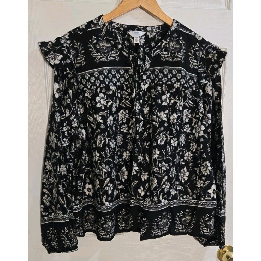 Time & Tru Flutter Blouse XXXL 22 Black Floral Long Sleeve NEW